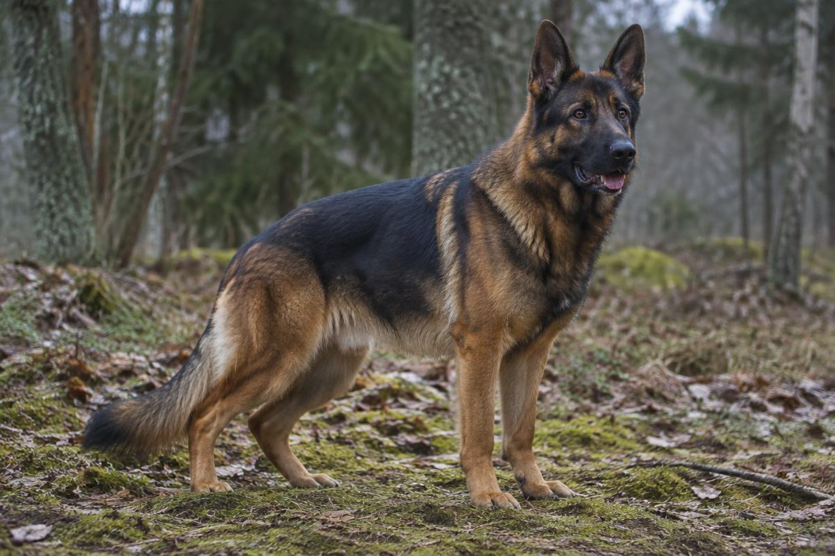 Duke, a black and red working-line German Shepherd, standing in woodland