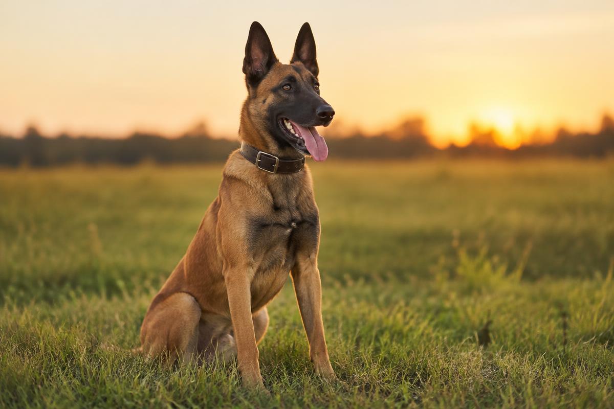 Ares, a fawn male Belgian Malinois with a black mask, sitting in a field at sunset